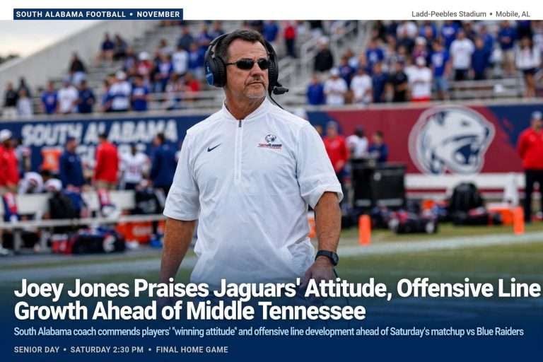 Illustration for the news story: Joey Jones Praises Jaguars’ Attitude, Offensive Line Growth Ahead of Middle Tennessee