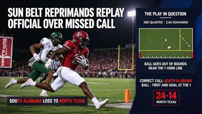 Illustration for the news story: Sun Belt Reprimands Replay Official Over Missed Call in South Alabama Loss to North Texas