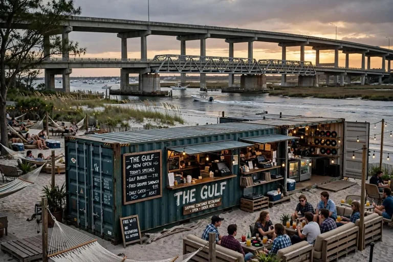 Illustration for the news story: The Gulf, Orange Beach’s Shipping-Container Restaurant at Perdido Pass, Plots a Bigger Footprint
