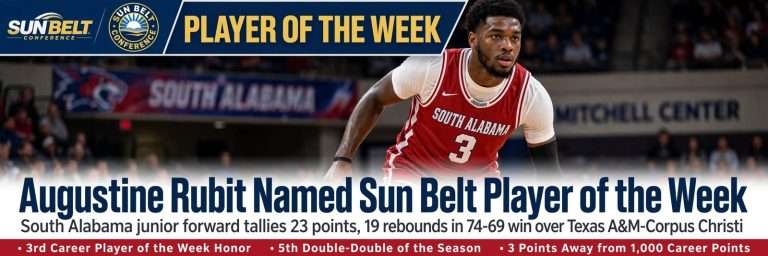 Illustration for the news story: Augustine Rubit Named Sun Belt Player of the Week After 23-Point, 19-Rebound Game