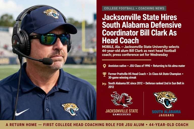Illustration for the news story: Jacksonville State Hires South Alabama Defensive Coordinator Bill Clark As Head Coach