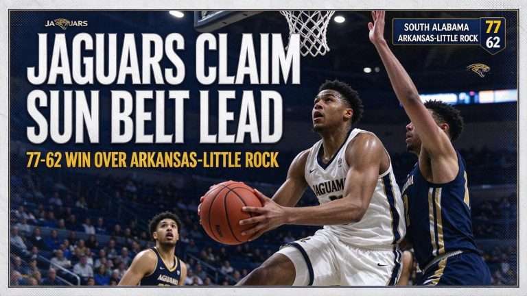 Illustration for the news story: Jeff Price Wins Debut as South Alabama Beats Arkansas-Little Rock 77-62 to Take Sun Belt Lead