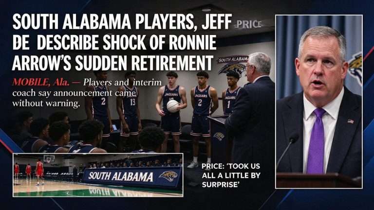 Illustration for the news story: South Alabama Players, Jeff Price Describe Shock of Ronnie Arrow’s Sudden Retirement