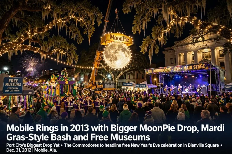 Illustration for the news story: Mobile Rings in 2013 with Bigger MoonPie Drop, Mardi Gras-Style Bash and Free Museums