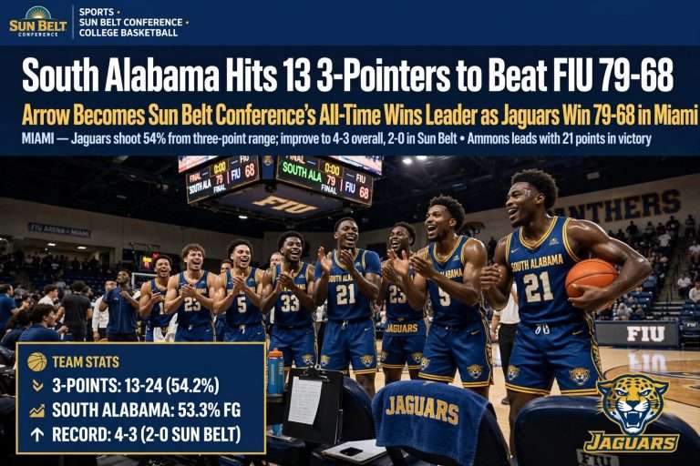 Illustration for the news story: South Alabama Hits 13 3-Pointers to Beat FIU 79-68 as Ronnie Arrow Becomes Sun Belt Wins Leader