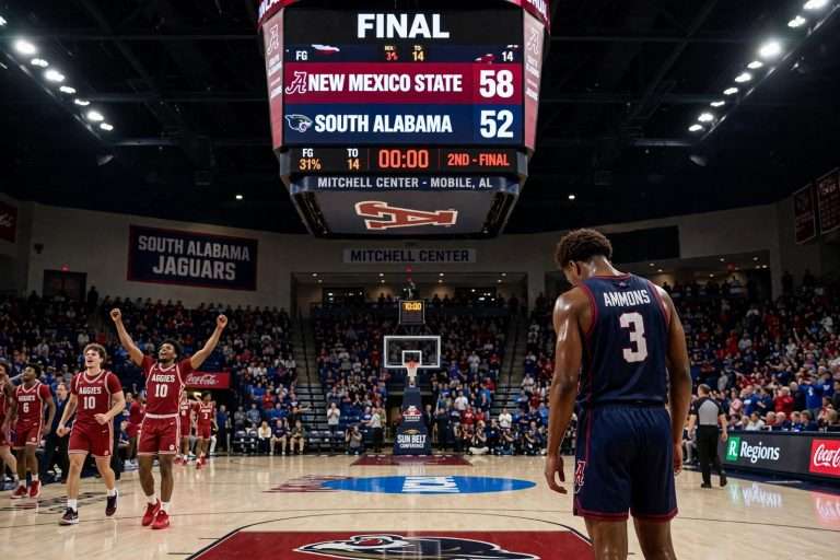 Illustration for the news story: South Alabama Rally Falls Short as New Mexico State Wins 58-52 at the Mitchell Center