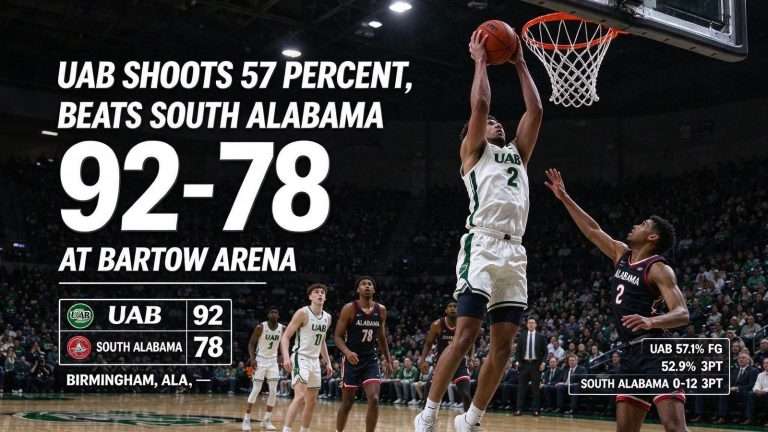 Illustration for the news story: UAB Shoots 57 Percent, Beats South Alabama 92-78 at Bartow Arena