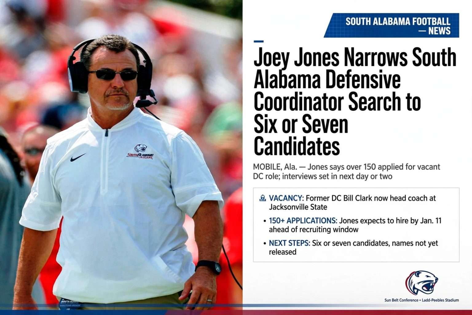 Illustration for the news story: Joey Jones Narrows South Alabama Defensive Coordinator Search to Six or Seven Candidates
