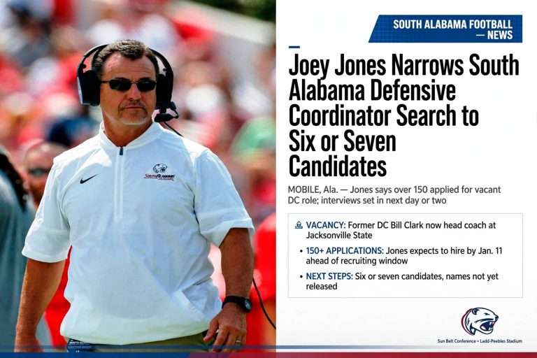 Illustration for the news story: Joey Jones Narrows South Alabama Defensive Coordinator Search to Six or Seven Candidates