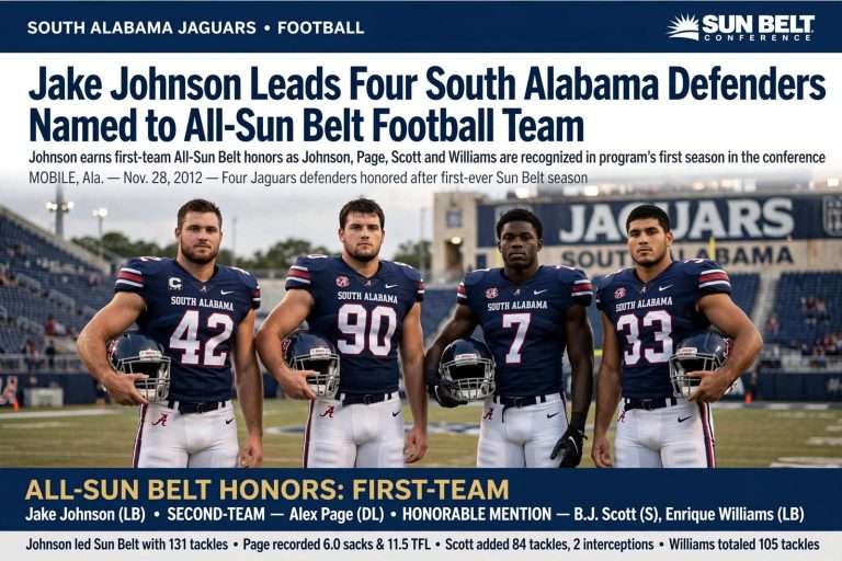 Illustration for the news story: Jake Johnson Leads Four South Alabama Defenders Named to All-Sun Belt Football Team