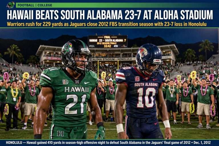 Illustration for the news story: Hawaii Beats South Alabama 23-7 at Aloha Stadium as Jaguars Close FBS Transition Season