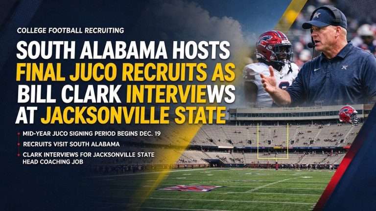 Illustration for the news story: South Alabama Hosts Final JUCO Recruits as Bill Clark Interviews at Jacksonville State
