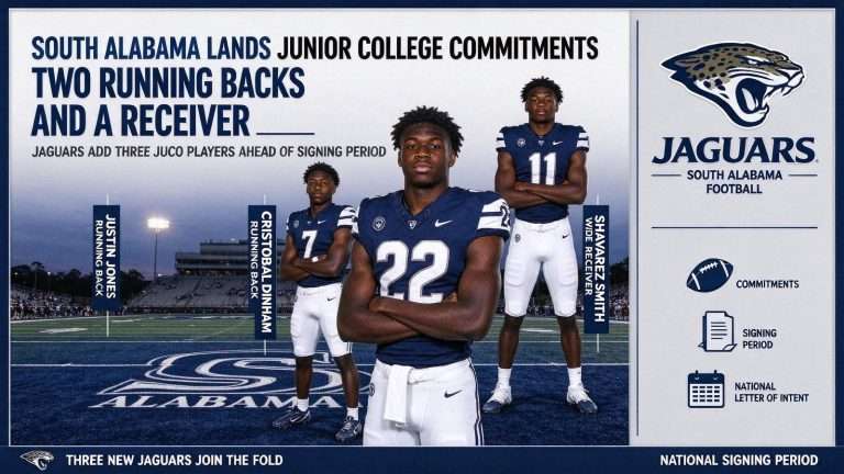 Illustration for the news story: South Alabama Lands Junior College Commitments From Two Running Backs and a Receiver