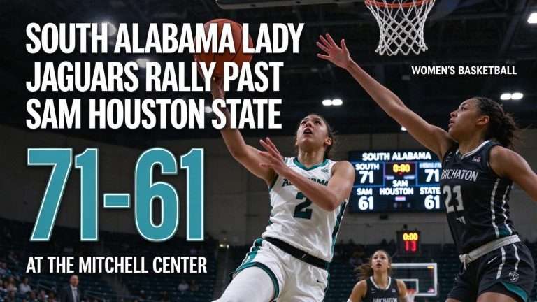 Illustration for the news story: South Alabama Lady Jaguars Rally Past Sam Houston State 71-61 at the Mitchell Center