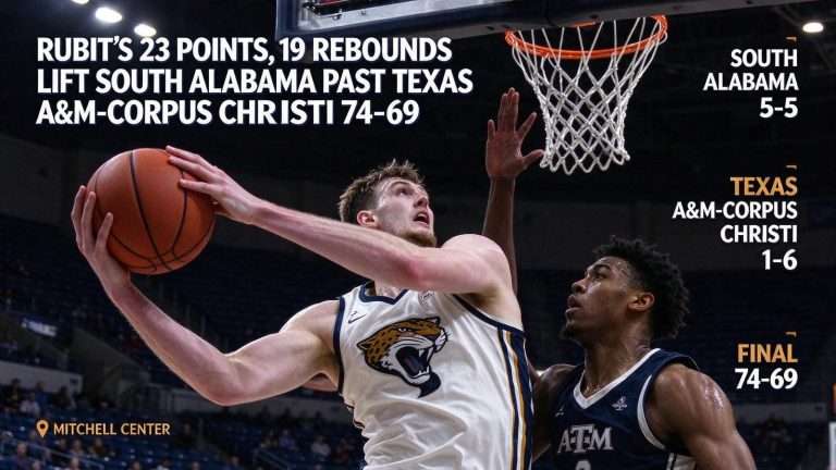 Illustration for the news story: Rubit’s 23 Points, 19 Rebounds Lift South Alabama Past Texas A&M-Corpus Christi 74-69