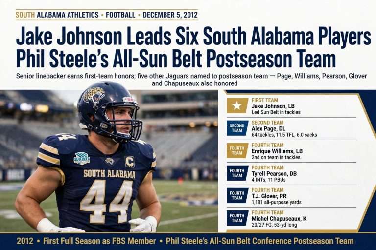 Illustration for the news story: Jake Johnson Leads Six South Alabama Players on Phil Steele’s All-Sun Belt Postseason Team