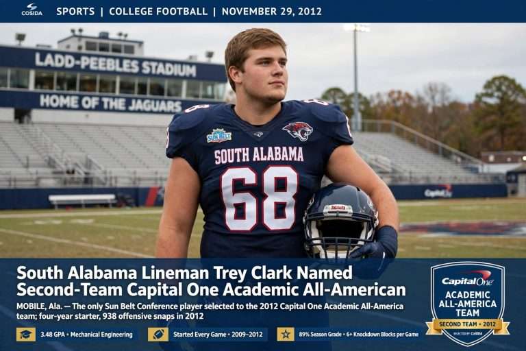 Illustration for the news story: South Alabama Lineman Trey Clark Named Second-Team Capital One Academic All-American
