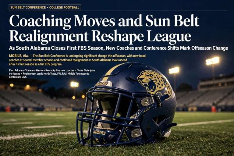 Illustration for the news story: Coaching Moves and Sun Belt Realignment Reshape League as South Alabama Closes First FBS Season