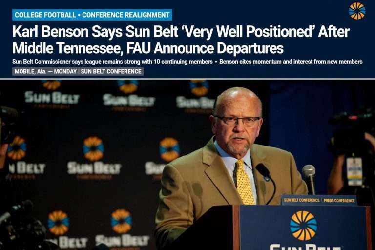 Illustration for the news story: Karl Benson Says Sun Belt ‘Very Well Positioned’ After Middle Tennessee, FAU Announce Departures