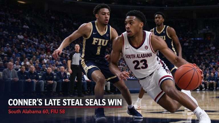 Illustration for the news story: Dre Conner’s Late Steal Seals South Alabama’s 60-58 Win Over FIU, Completing Home Sweep