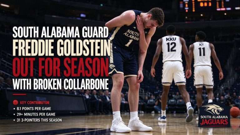 Illustration for the news story: South Alabama Guard Freddie Goldstein Out for Season With Broken Collarbone