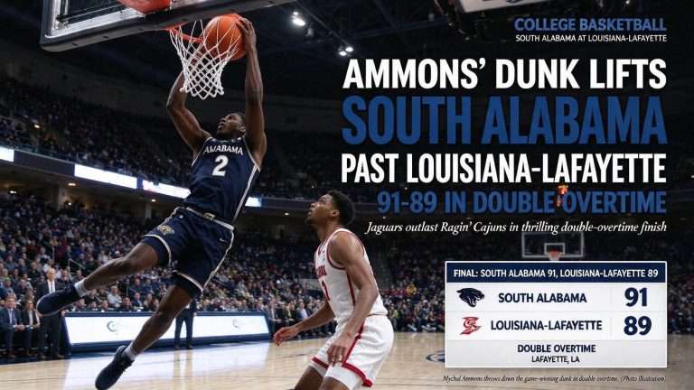 Illustration for the news story: Mychal Ammons’ Dunk Lifts South Alabama Past Louisiana-Lafayette 91-89 in Double Overtime