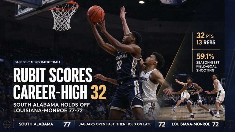 Illustration for the news story: Augustine Rubit Scores Career-High 32 as South Alabama Holds Off Louisiana-Monroe 77-72