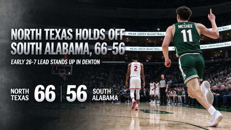Illustration for the news story: North Texas Builds Early 26-7 Lead, Holds Off South Alabama 66-56 in Denton