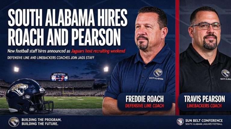 Illustration for the news story: South Alabama Hires Freddie Roach and Travis Pearson to Football Coaching Staff