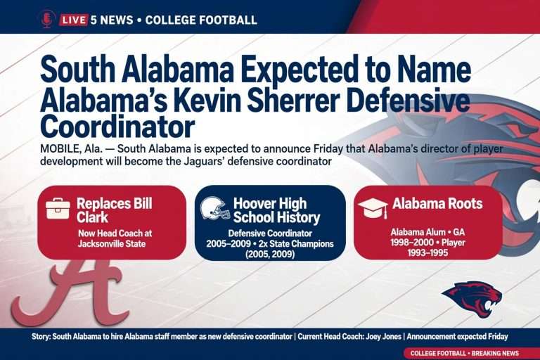 Illustration for the news story: South Alabama Expected to Name Alabama’s Kevin Sherrer Defensive Coordinator
