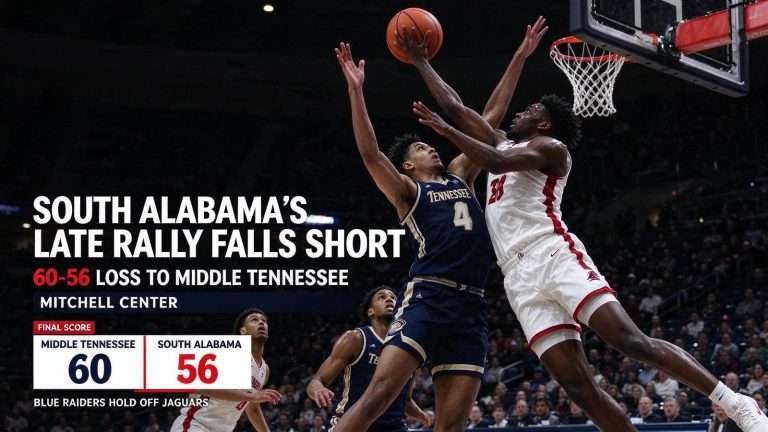 Illustration for the news story: South Alabama’s Late Rally Falls Short in 60-56 Loss to Middle Tennessee