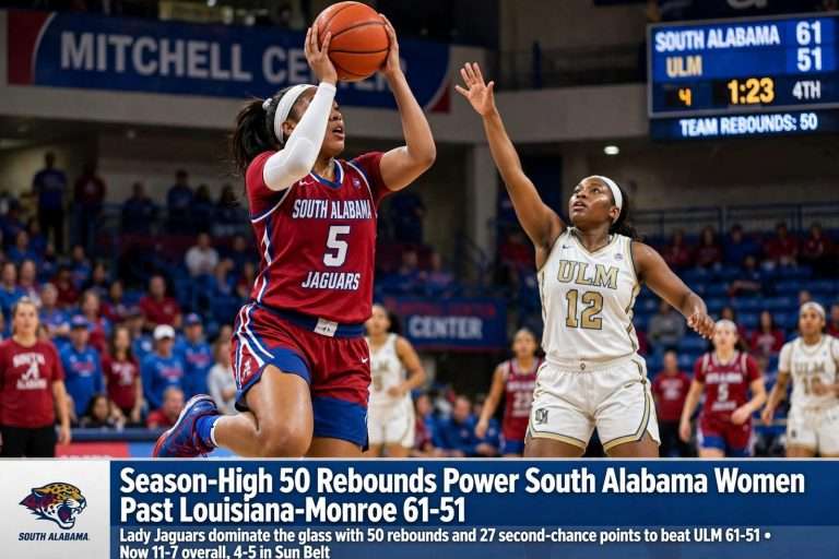 Illustration for the news story: Season-High 50 Rebounds Power South Alabama Women Past Louisiana-Monroe 61-51
