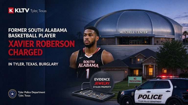Illustration for the news story: Former South Alabama Basketball Player Xavier Roberson Charged in Tyler, Texas, Burglary