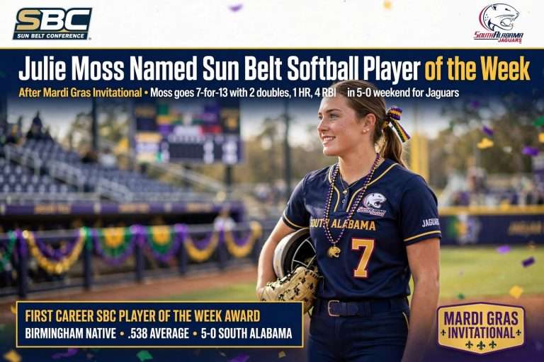 Illustration for the news story: Julie Moss Named Sun Belt Softball Player of the Week After Mardi Gras Invitational