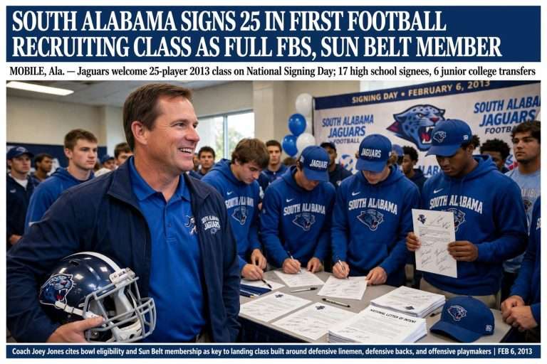 Illustration for the news story: South Alabama Signs 25 in First Football Recruiting Class as Full FBS, Sun Belt Member
