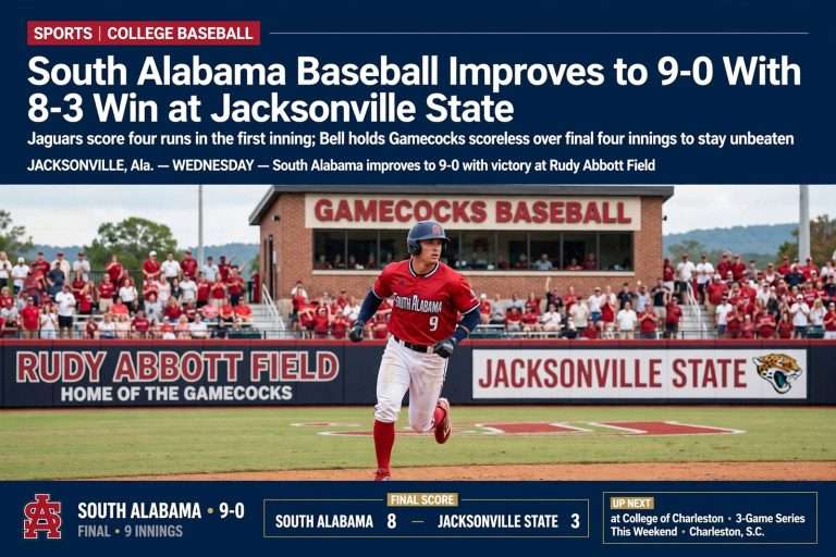 Illustration for the news story: South Alabama Baseball Improves to 9-0 With 8-3 Win at Jacksonville State