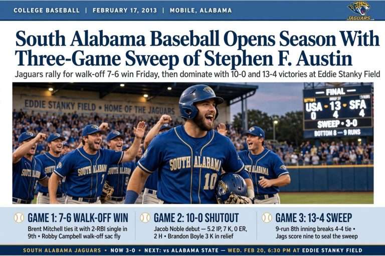Illustration for the news story: South Alabama Baseball Opens Season With Three-Game Sweep of Stephen F. Austin