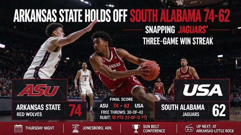 Illustration for the news story: Arkansas State Holds Off South Alabama 74-62, Snapping Jaguars’ Three-Game Win Streak