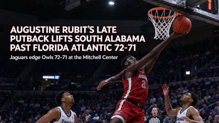 Illustration for the news story: Augustine Rubit’s Late Putback Lifts South Alabama Past Florida Atlantic 72-71