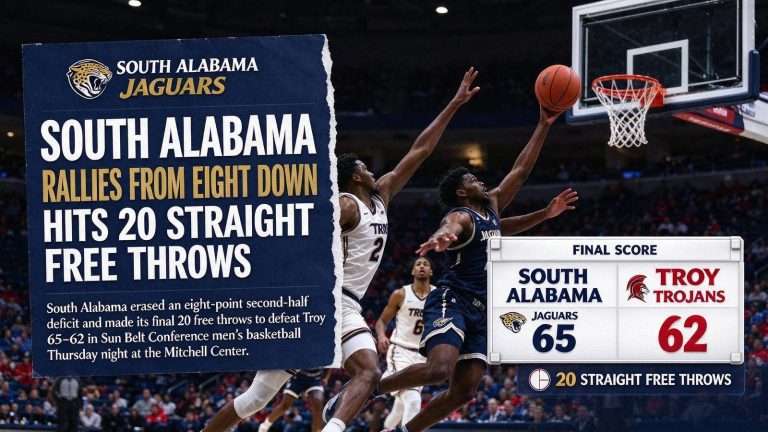 Illustration for the news story: South Alabama Rallies From Eight Down, Hits 20 Straight Free Throws to Beat Troy 65-62