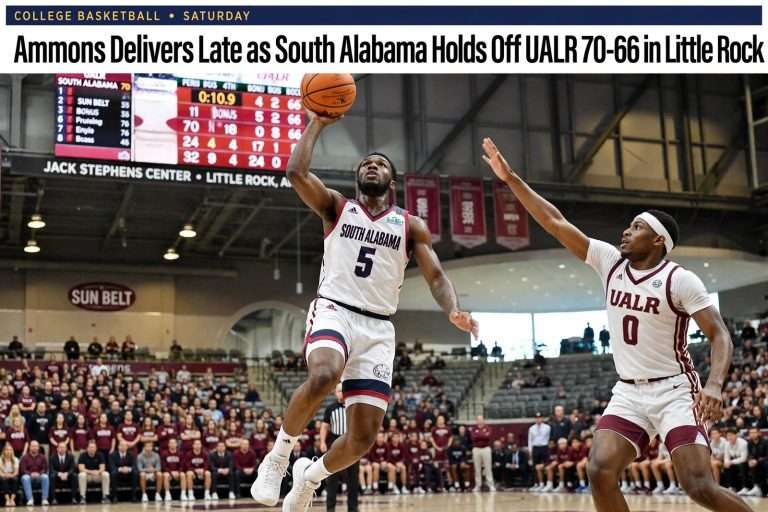 Illustration for the news story: Ammons Delivers Late as South Alabama Holds Off UALR 70-66 in Little Rock