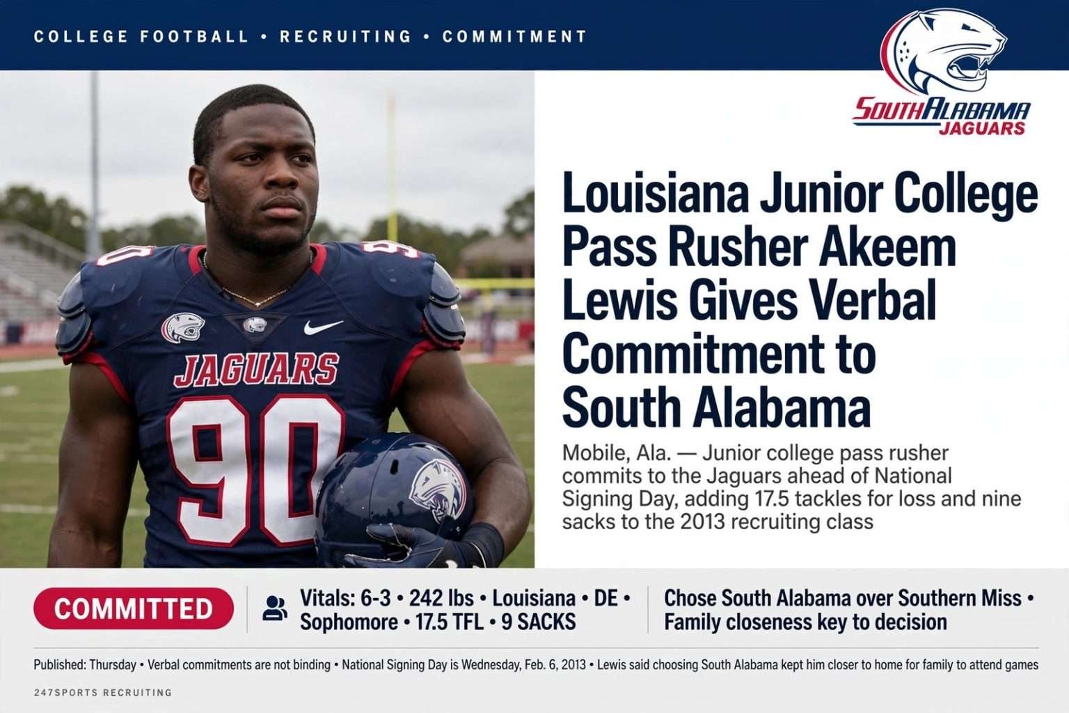 Illustration for the news story: Louisiana Junior College Pass Rusher Akeem Lewis Gives Verbal Commitment to South Alabama