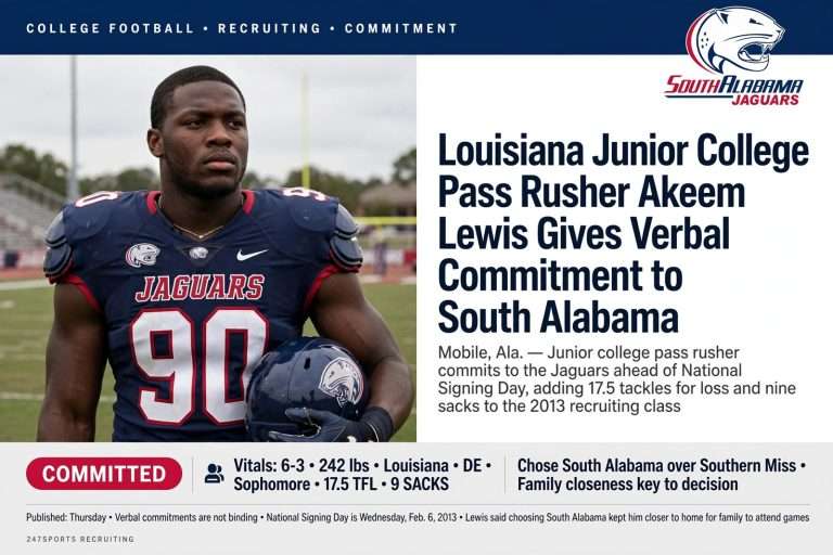 Illustration for the news story: Louisiana Junior College Pass Rusher Akeem Lewis Gives Verbal Commitment to South Alabama