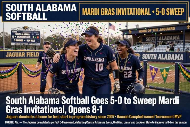Illustration for the news story: South Alabama Softball Goes 5-0 to Sweep Mardi Gras Invitational, Opens 8-1