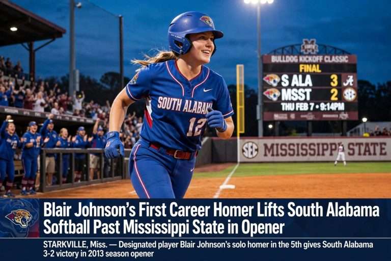 Illustration for the news story: Blair Johnson’s First Career Homer Lifts South Alabama Softball Past Mississippi State in Opener