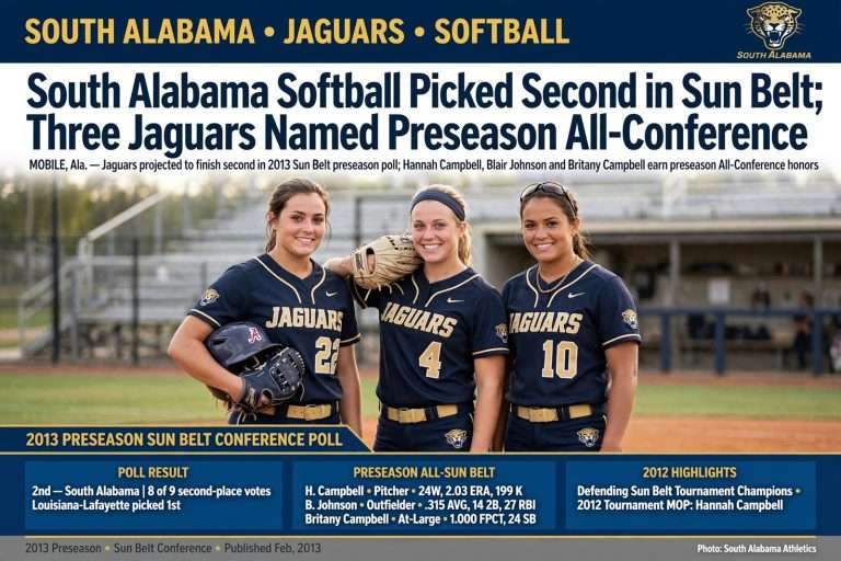 Illustration for the news story: South Alabama Softball Picked Second in Sun Belt; Three Jaguars Named Preseason All-Conference