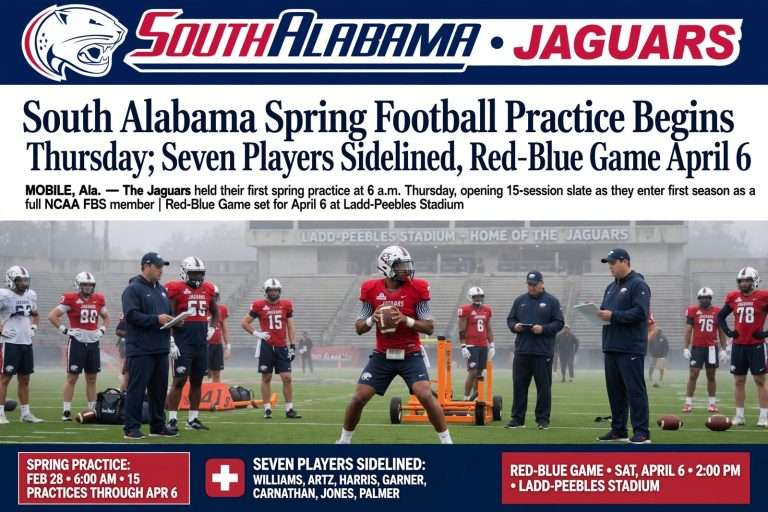 Illustration for the news story: South Alabama Spring Football Practice Begins Thursday; Seven Players Sidelined, Red-Blue Game April 6