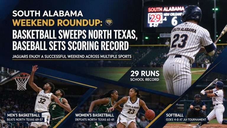 Illustration for the news story: South Alabama Weekend Roundup: Basketball Sweeps North Texas, Baseball Sets Scoring Record