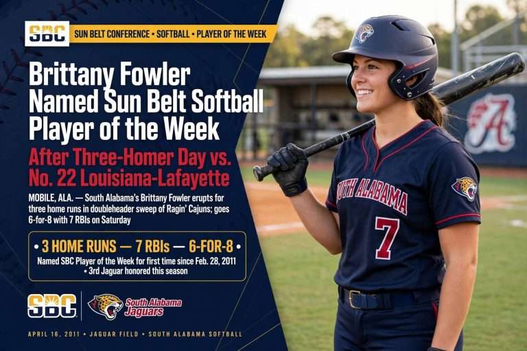 Illustration for the news story: Brittany Fowler Named Sun Belt Softball Player of the Week After Three-Homer Day vs. ULL