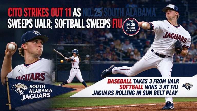 Illustration for the news story: Cito Strikes Out 11 as No. 25 South Alabama Sweeps UALR; Softball Sweeps FIU